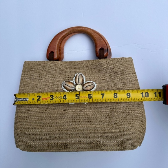Vintage - Beaded Shell Woven Jute Purse / Handbag Wood Natural Fiber Puka Bamboo - Picture 10 of 13
